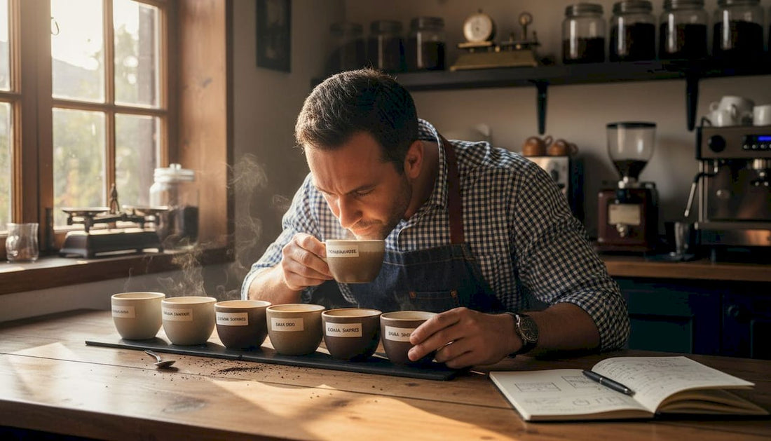 Coffee taster evaluating mugs in test room