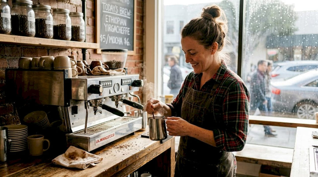 Barista making chocolate coffee in café