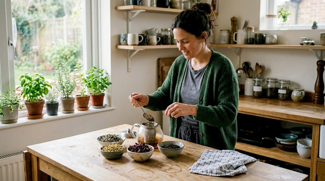 Woman blending loose-leaf teas in home kitchen
