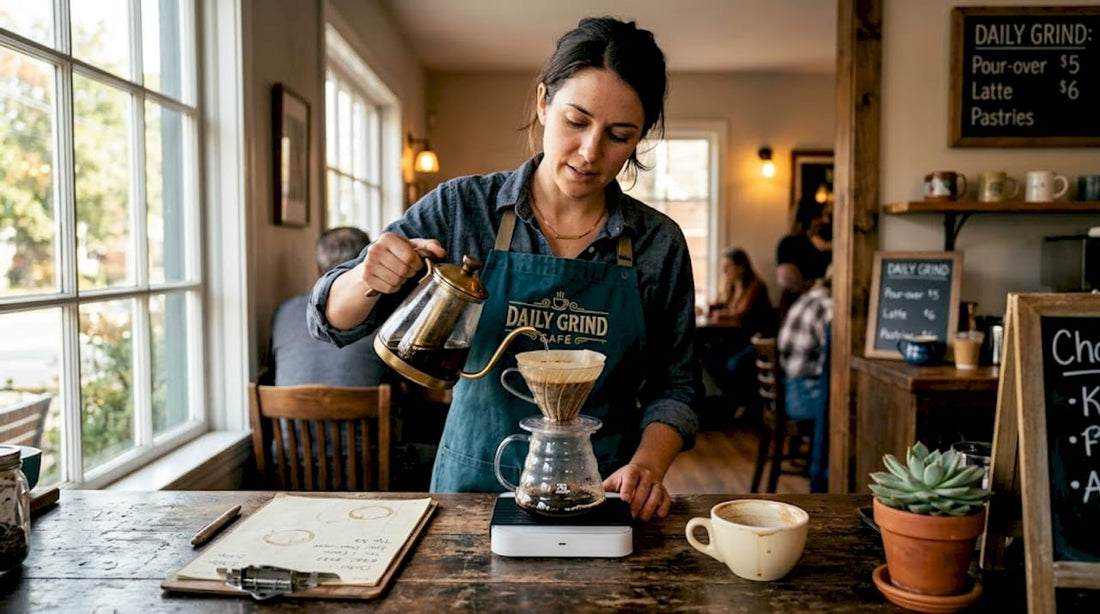 Barista preparing pourover at cozy café counter