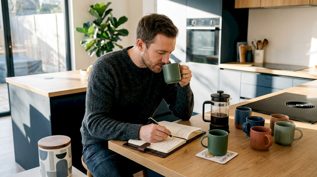 Man tasting coffee and writing notes at kitchen table